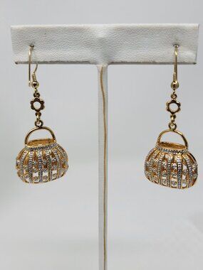 Gold Tone Dangle Earrings Mini Purse Birdcage Style Textured Silver Tone Detail